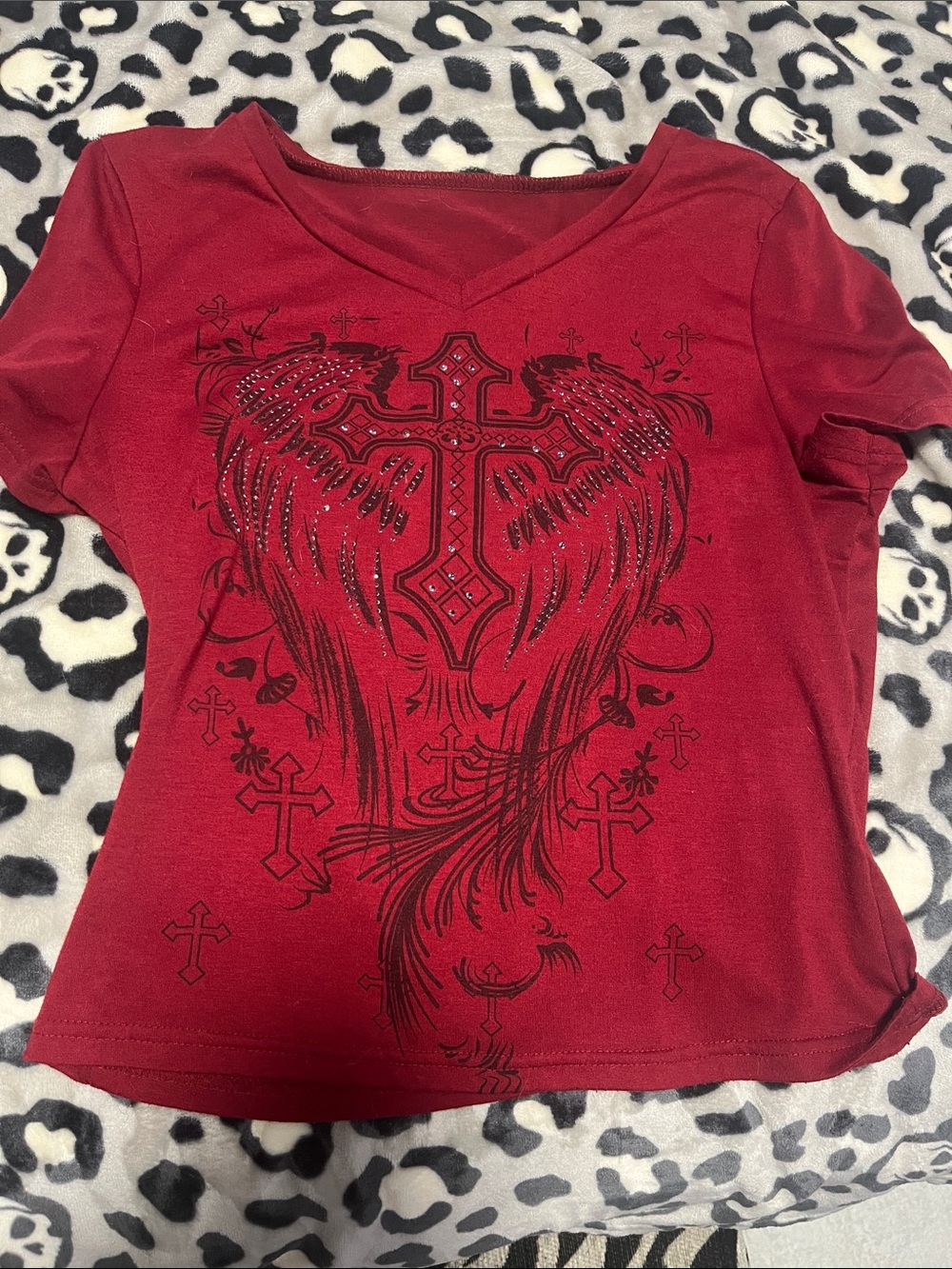 Red short sleeve with white and black gems